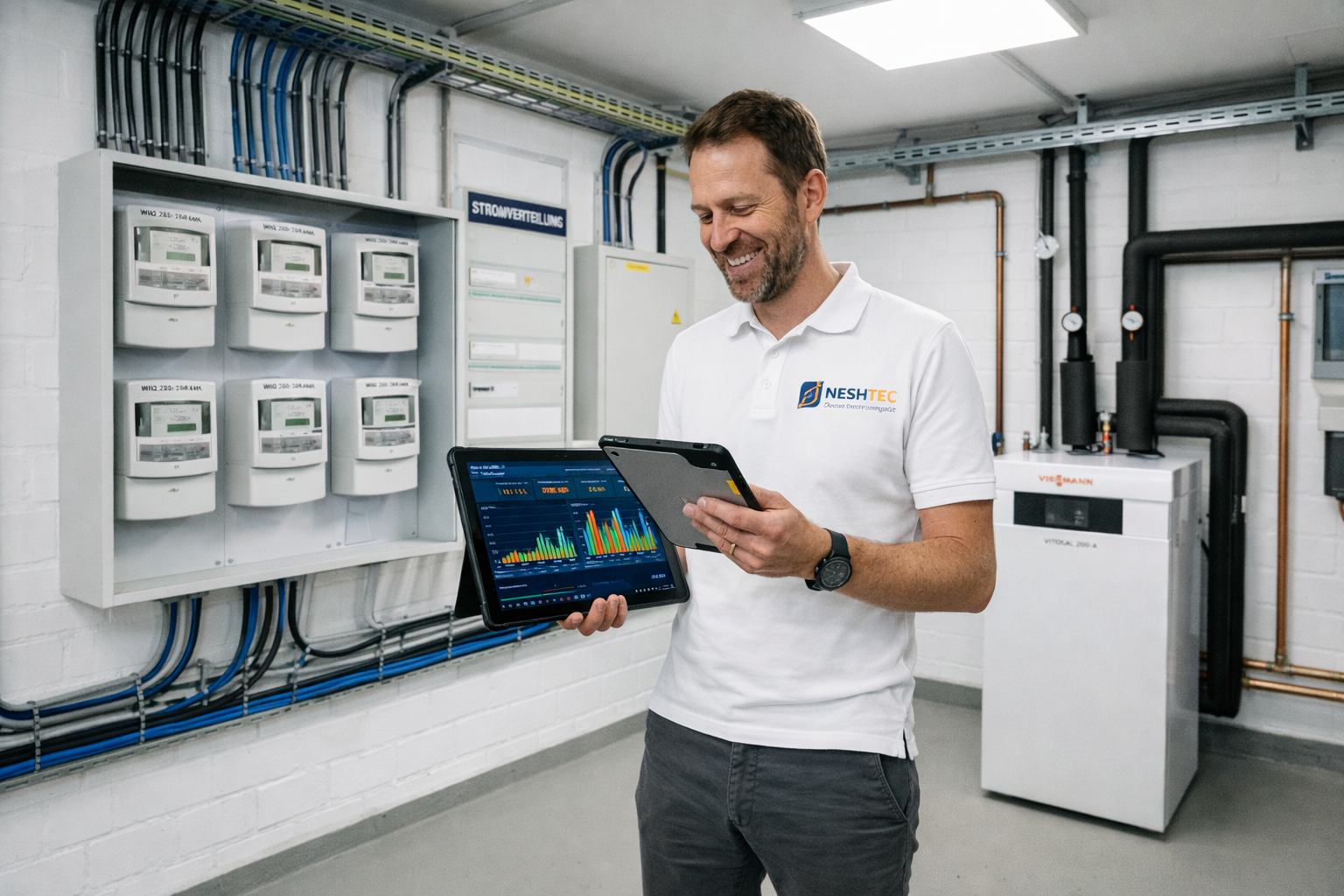 Neshtec-Energieberater prüft Strom- und Wärmedaten auf dem Tablet im Technikraum eines Mehrfamilienhauses